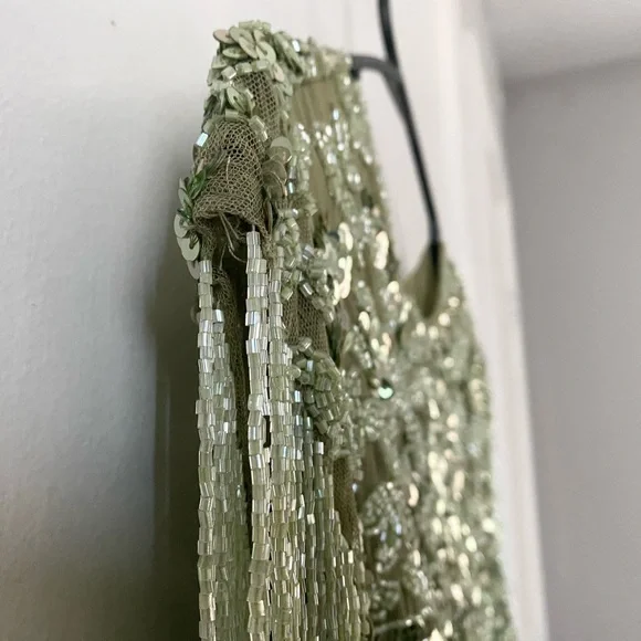 $698 Mac Duggal High Neck Beaded Sequin Fringe Sage Green Gown Dress 4908 Size 4 - Picture 4 of 15